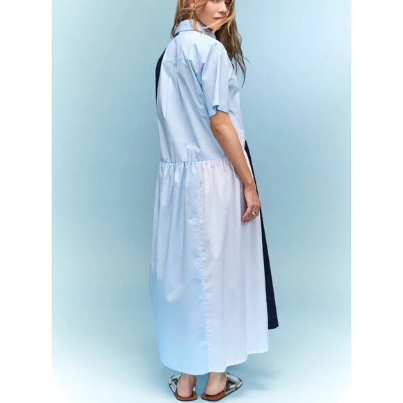 Plan C Blue Colorblock Shirt Midi Dress SMALL Cotton Oversized Designer $385 - Picture 2 of 12